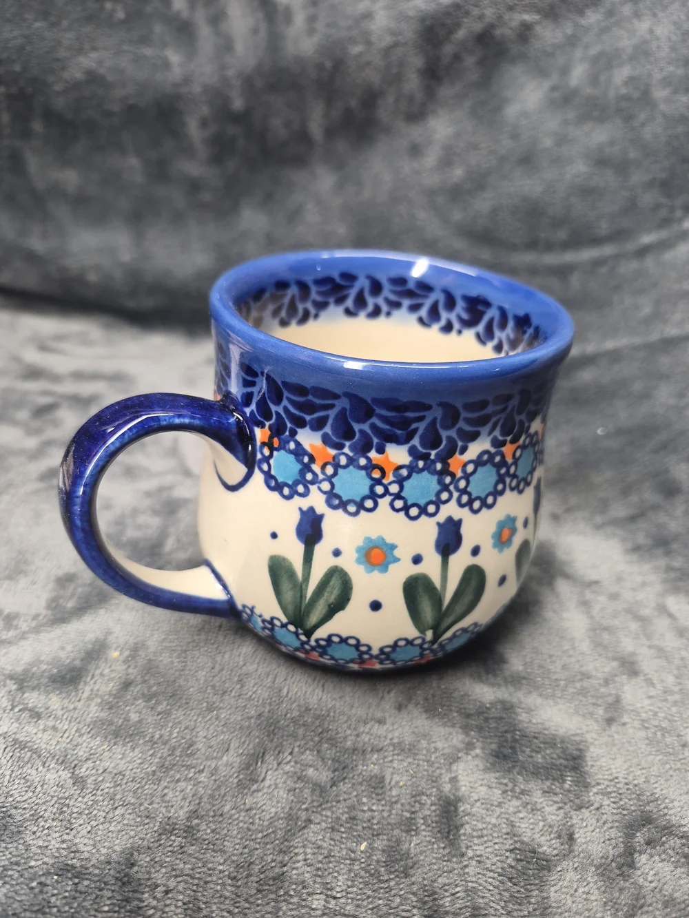 Polished Pottery 11oz Bubble Mug Blue Tulips Garden Unikat Hand Made Portland